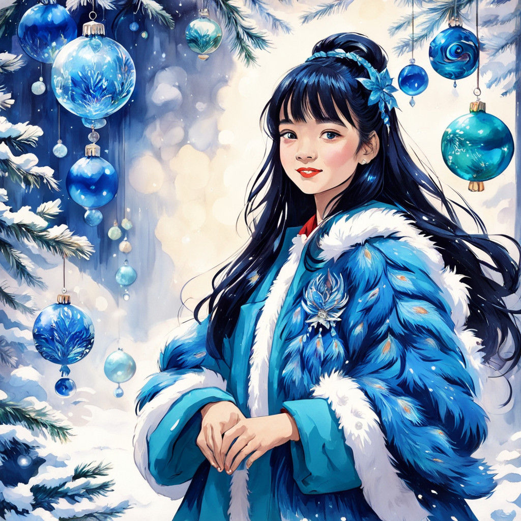 14 year old Vietnam girl with long black hair with bangs in blue peacock fur coat Christmas fashion smiling with blue op...