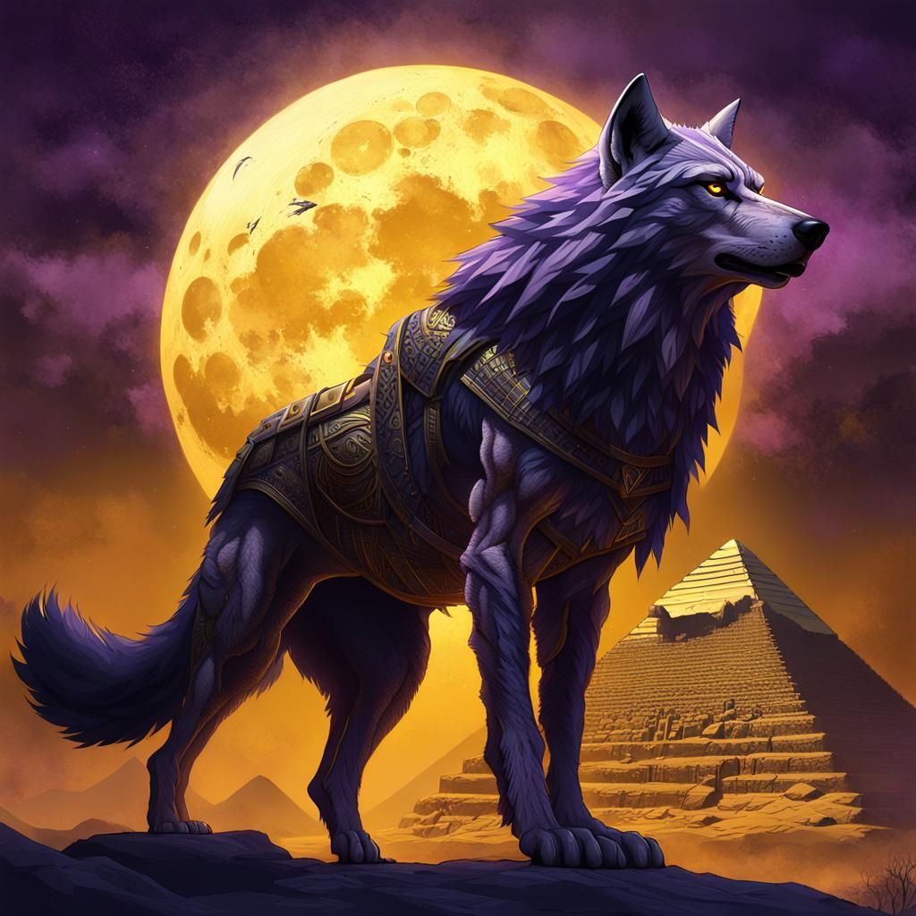 Egyptian Wolf Under Moonlight in Dark Fantasy Art