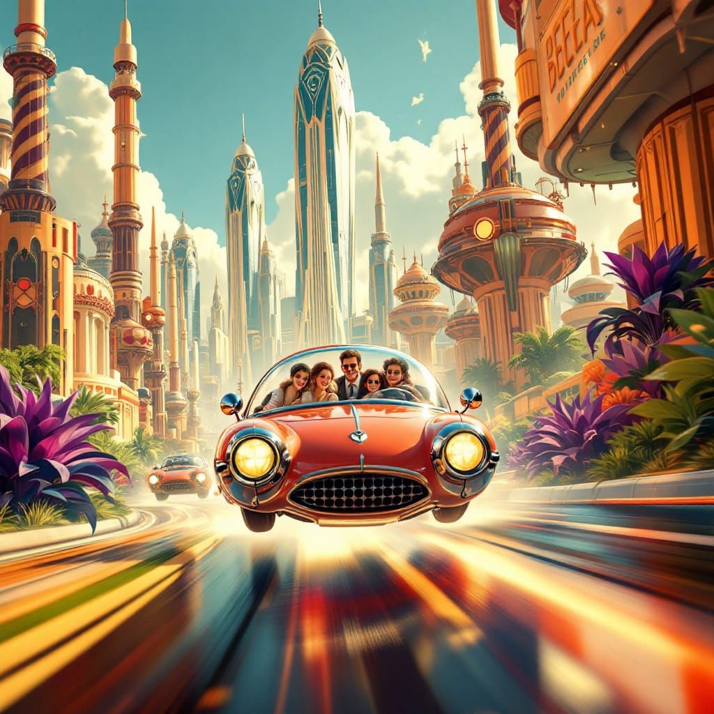 Retro-Futuristic Family Joyride through Vibrant City