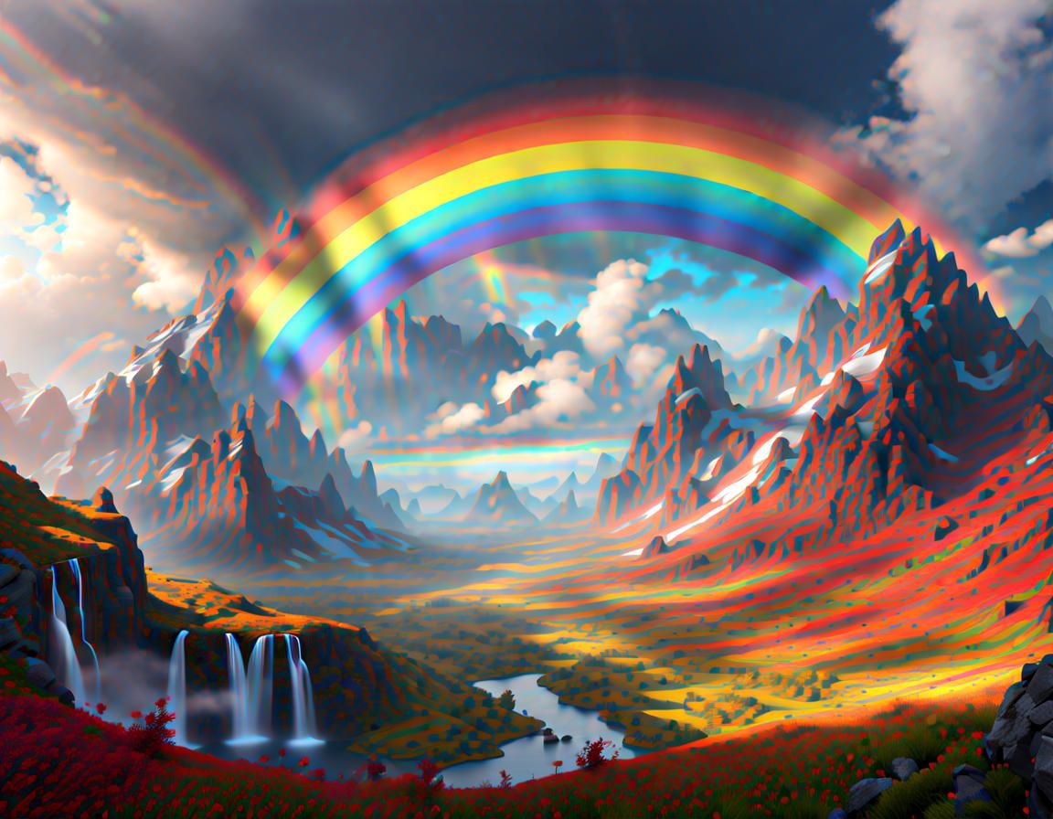 Rainbow Over Mountainous Landscape in Detailed Matte Paintin...