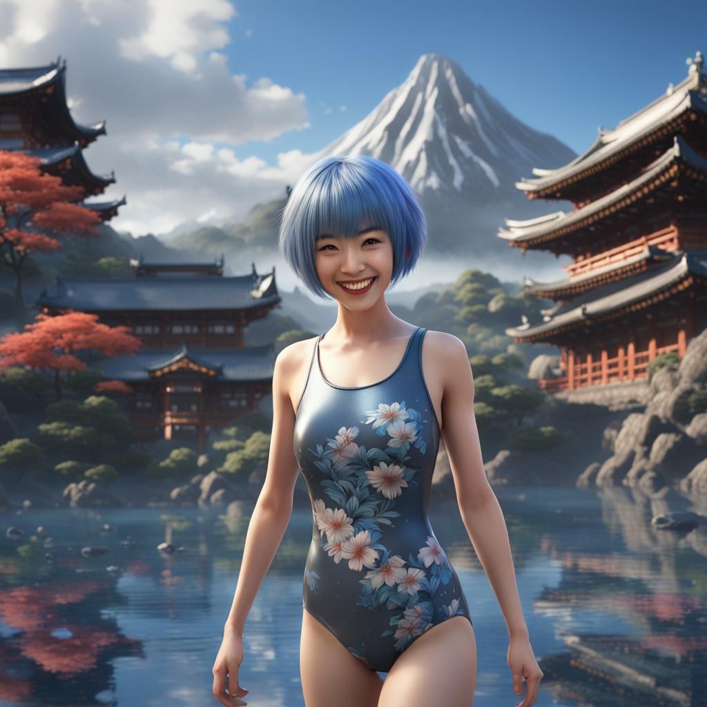 Smiling Woman with Blue Hair in Detailed Digital Art