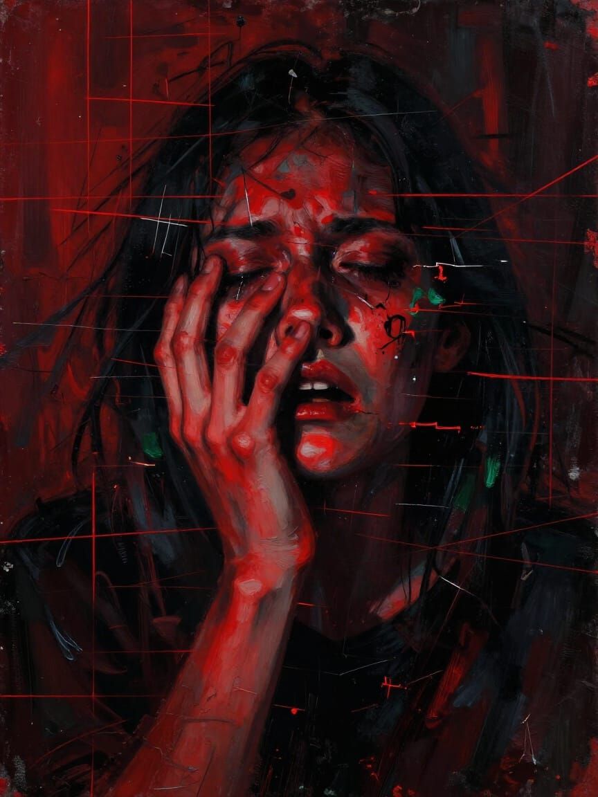 Expressionist Portrait of Anguished Figure in Crimson and Bl...