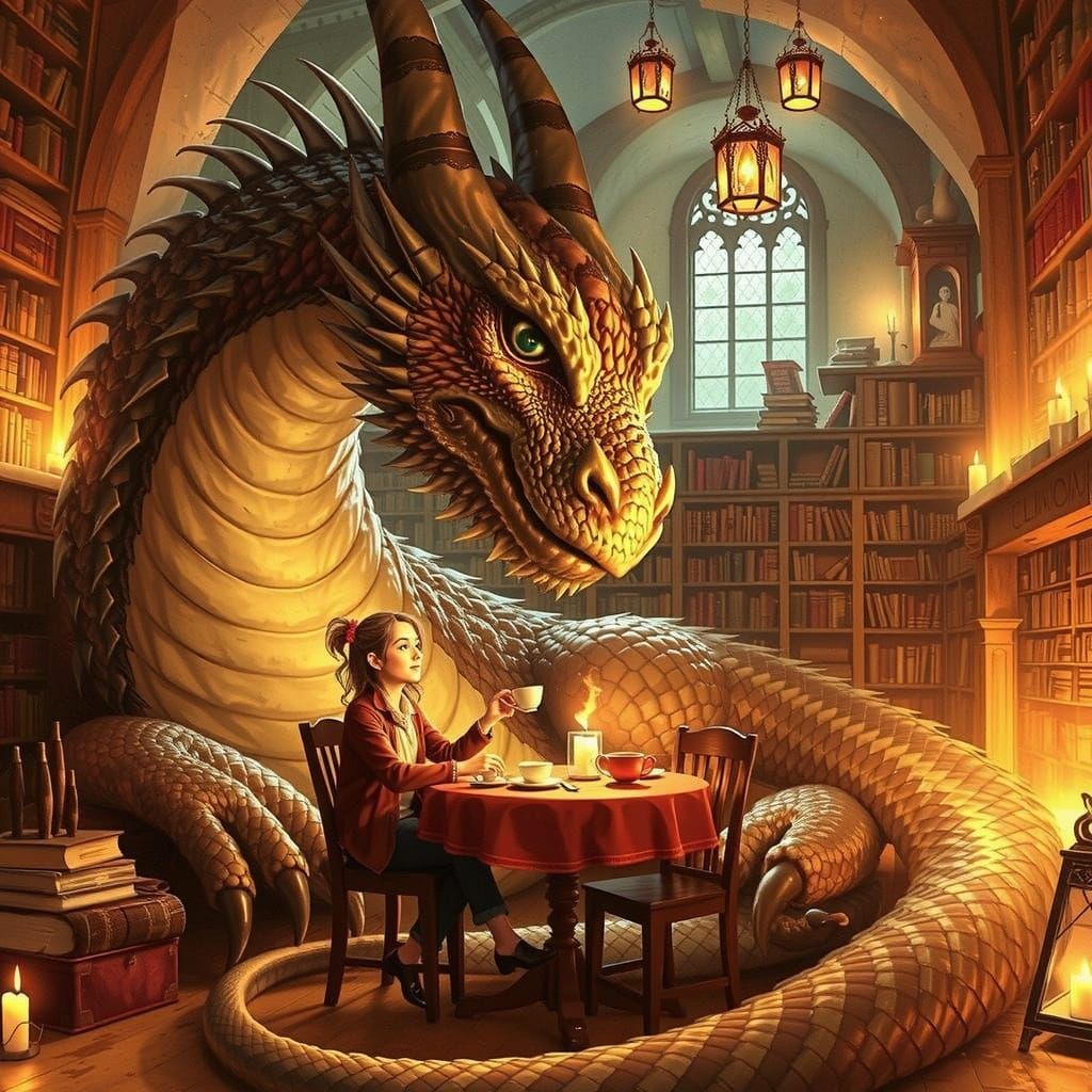 Dragon and Librarian Share Tea in Cozy Library