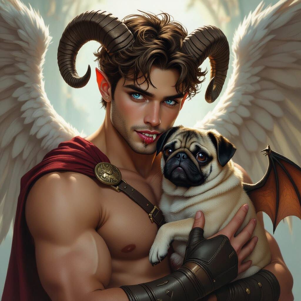 Warrior Angel Cradling Bat-Winged Pug
