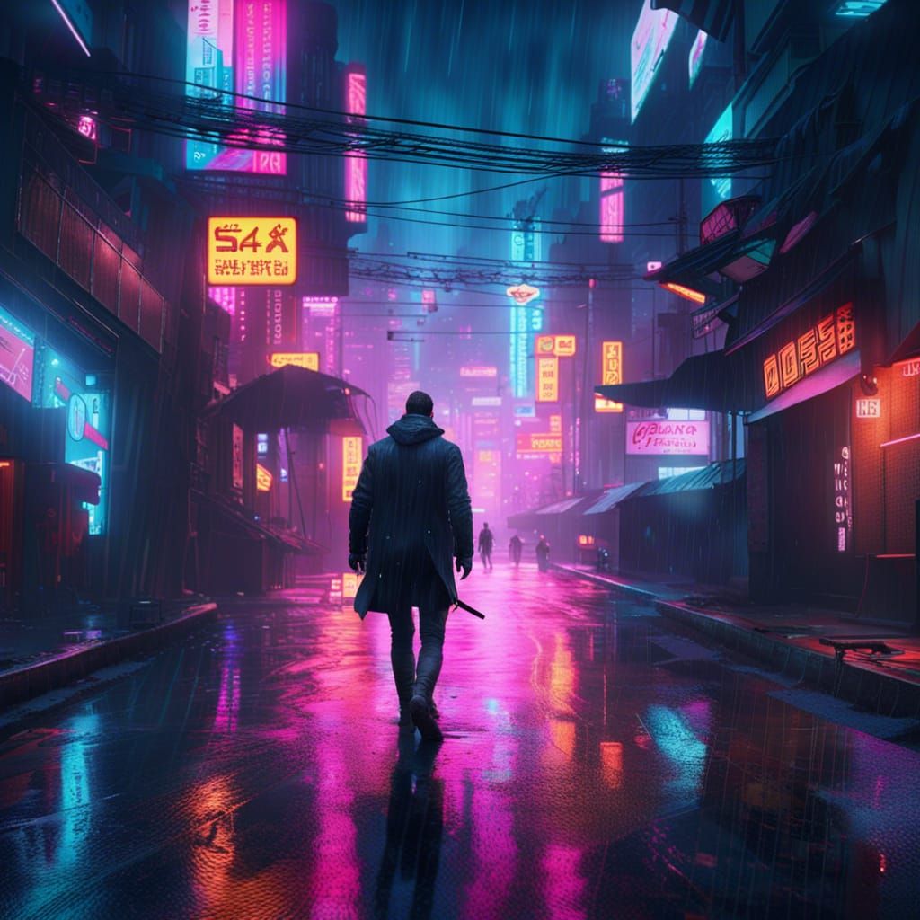 Cyberpunk Man Walking in Rainy Neon Street