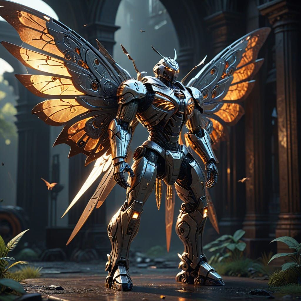 Majestic Iron Butterfly Mech in Polished Metal, Sci-Fi Cinem...