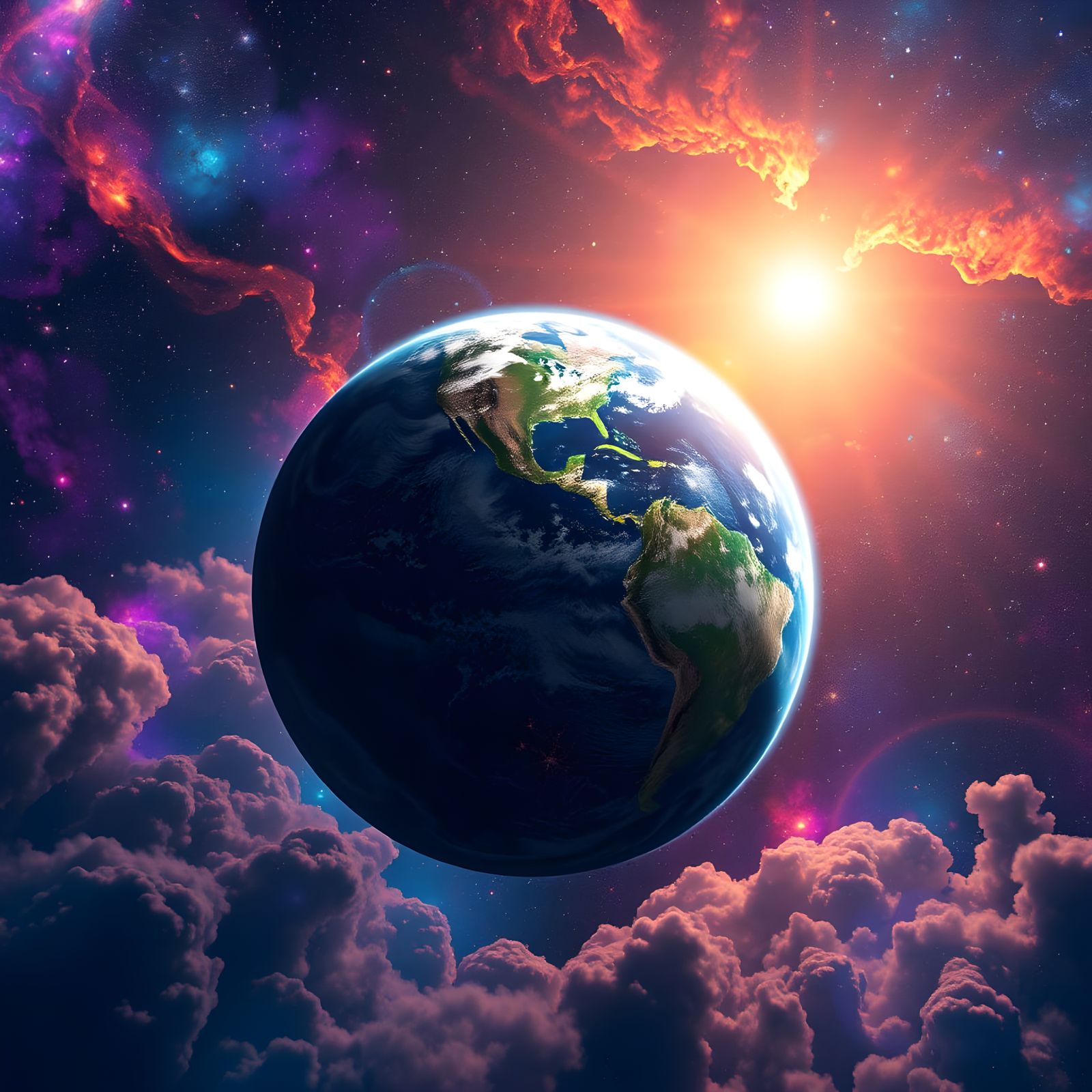 Surreal Cosmic Landscape with Earth in Vibrant Colors and Sw...