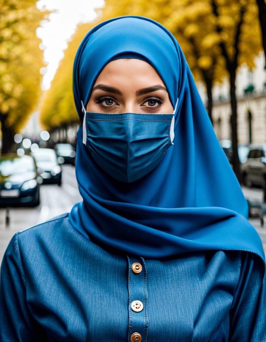 Beautiful Hijabi Woman in Denim Gown, Paris