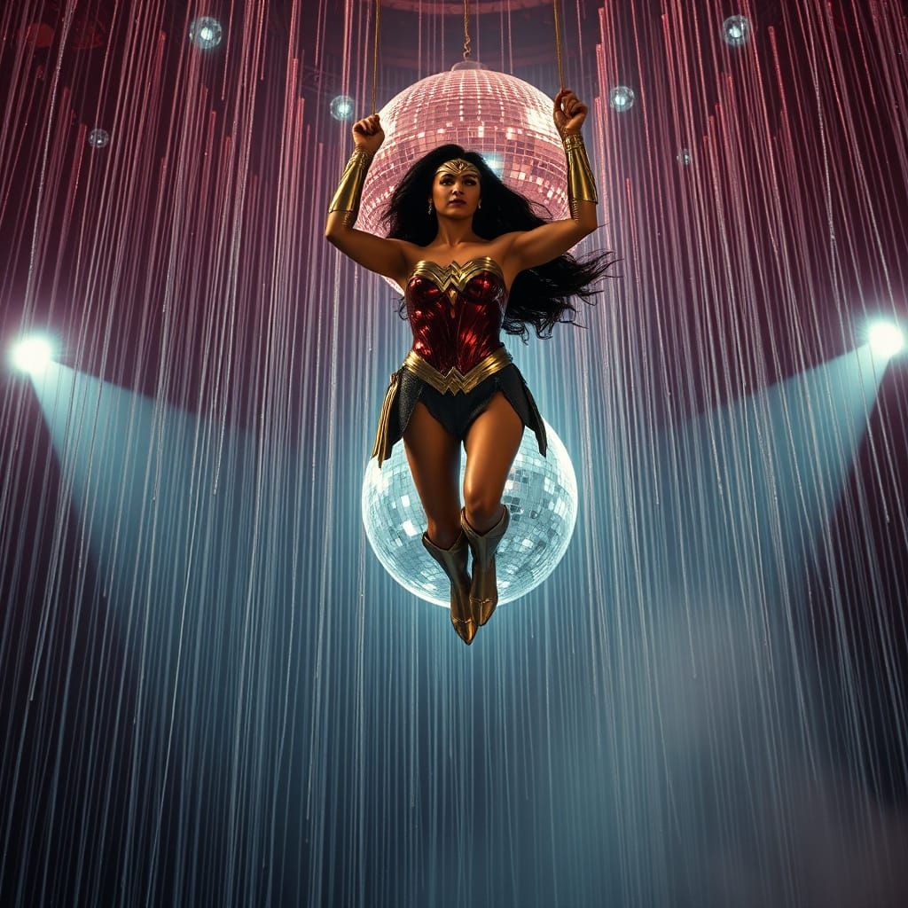 Wonder Woman Levitates in Matrix Digital Rain with Disco Bal...