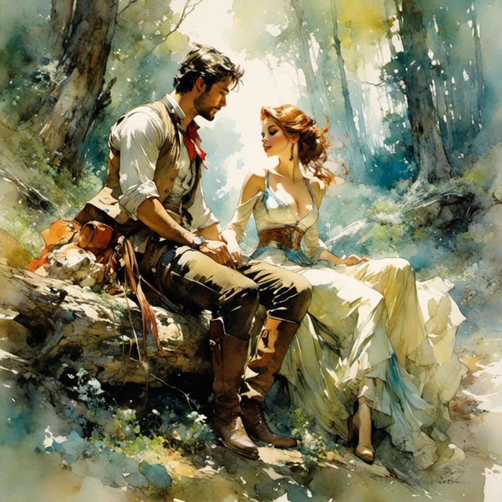 Courting Couple in Forest, Stylized Watercolor Art