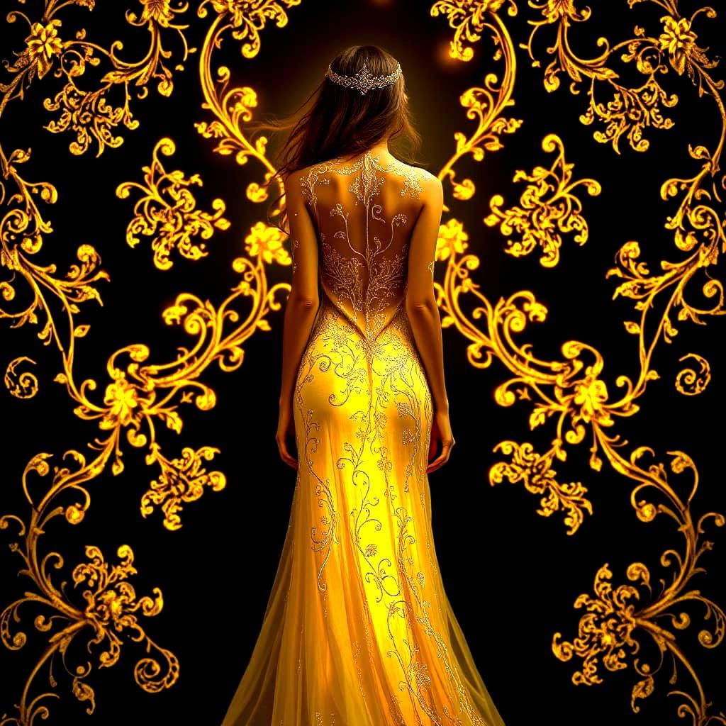 Bioluminescent Maiden with Golden Filigree Designs