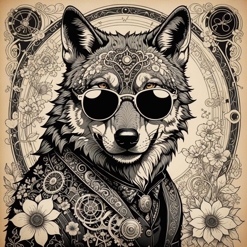 Art Nouveau Wolf with Sunglasses