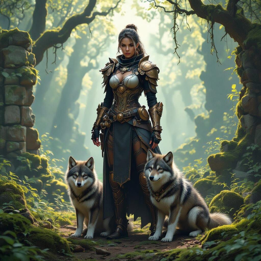 Steampunk Warrior and Wolf Cub in Forest Clearing