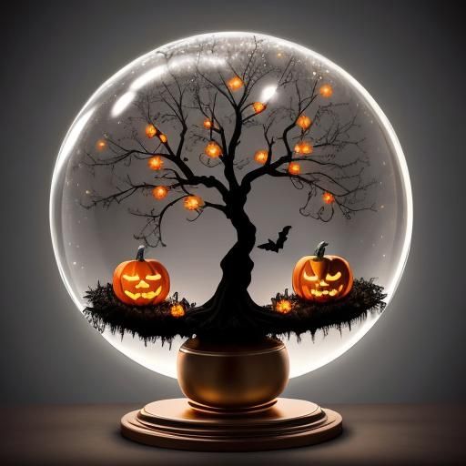 Halloween Tree with Lights in Glass Ball