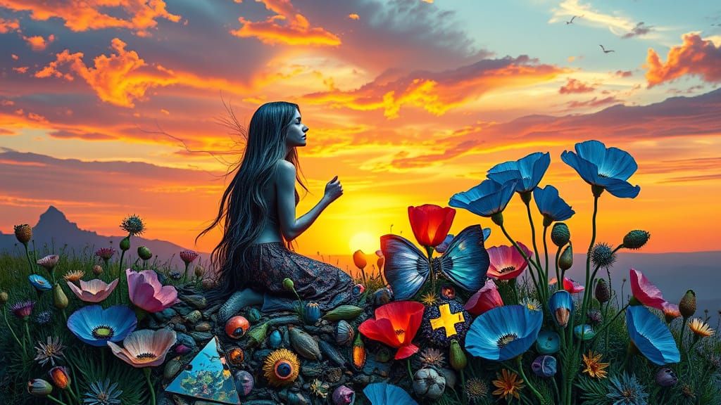 Surreal Sculpture in Himalayan Blue Poppy at Sunset