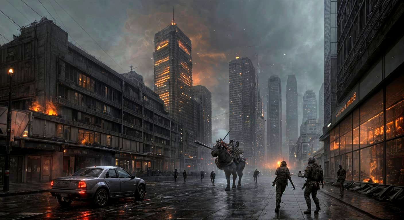 Soldier Snipes Unicorn in Burning Cityscape