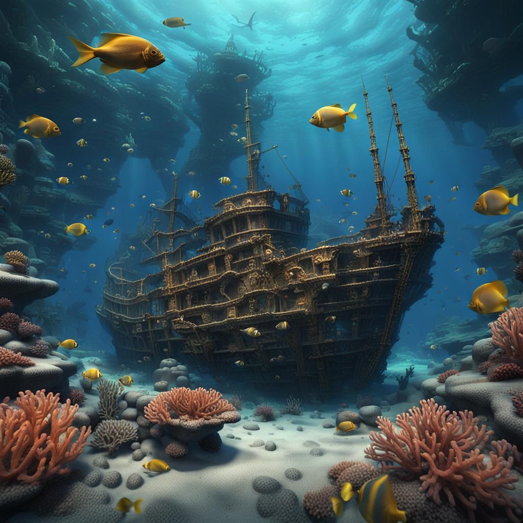 Underwater Coral Reefs and Sunken Shipwreck Art