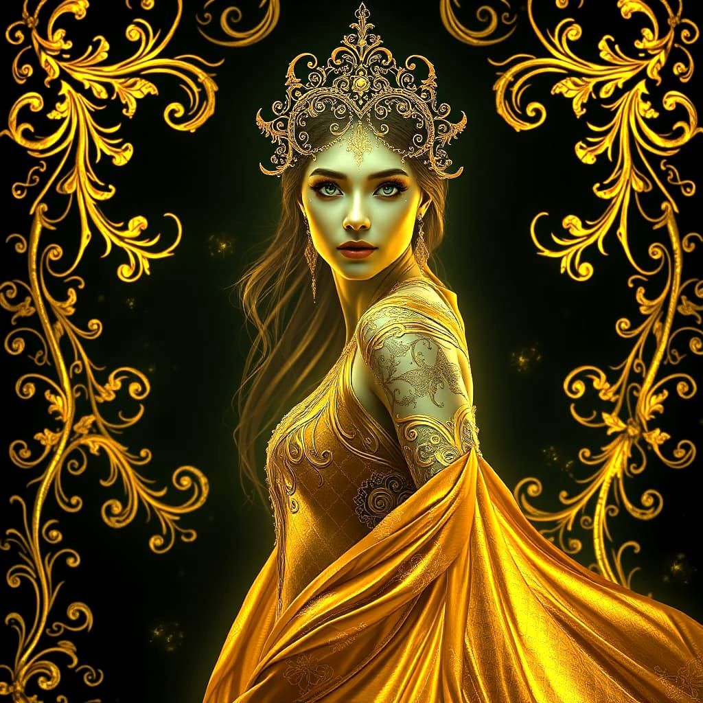 Bioluminescent Maiden with Golden Filigree, Detailed Matte P...