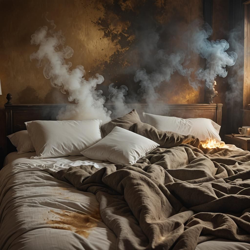 Moody Film Still of Worn Bed in Smoky Evening