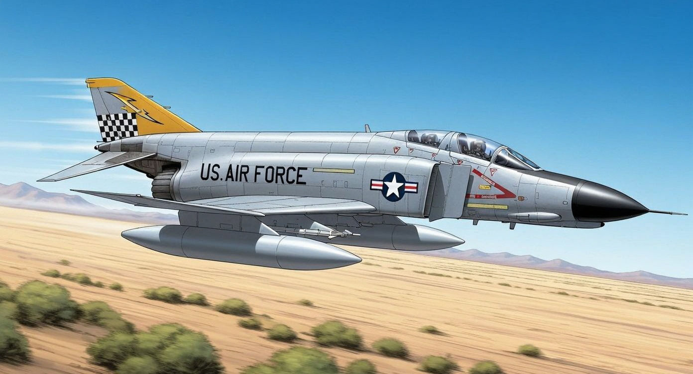 F-4 Phantom Jet in Low-Level Desert Dash Comic Art Style