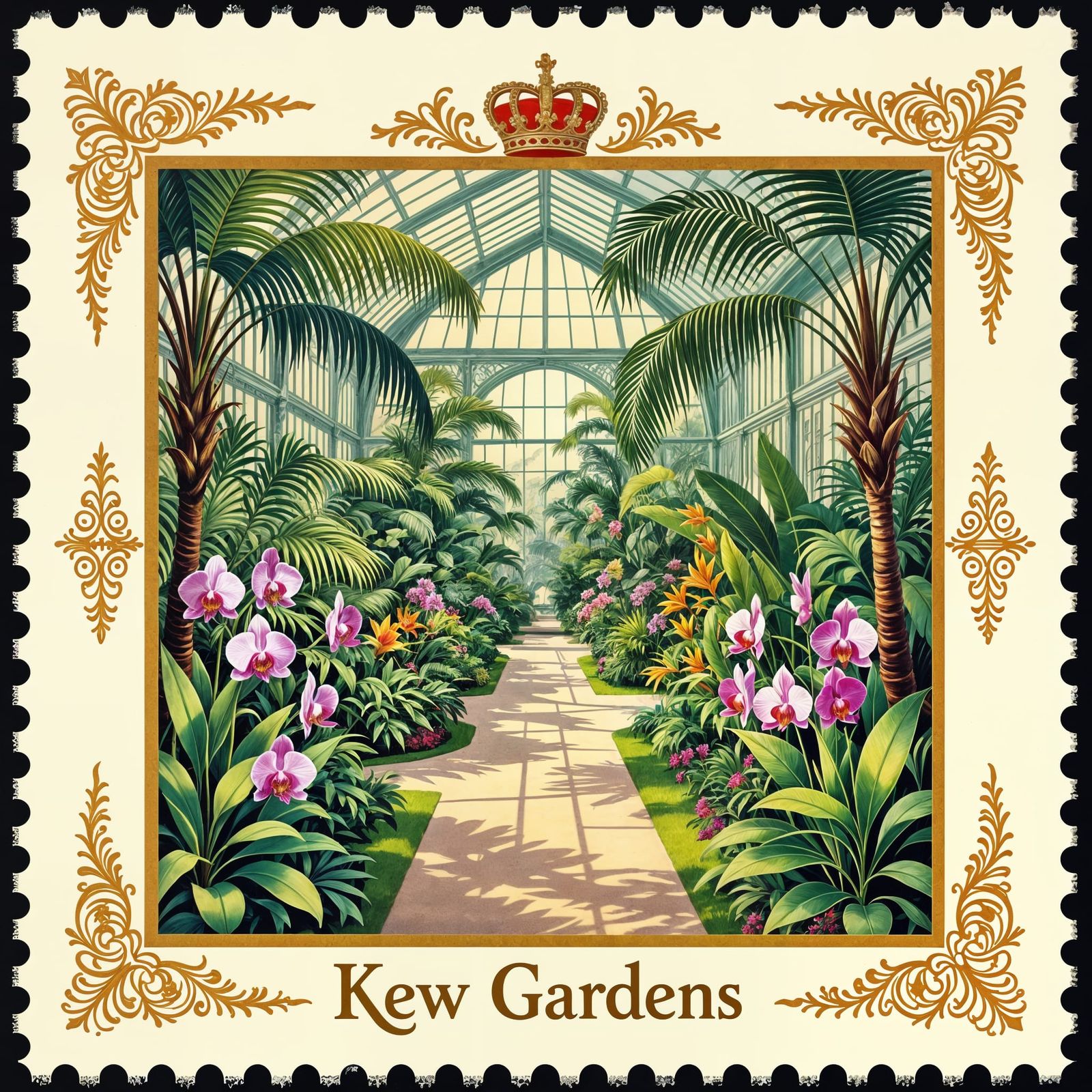 Kew Gardens Palm House: Victorian Botanical Stamp Design