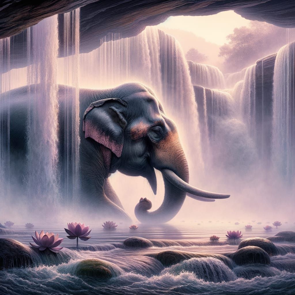 Elephant Submerges Head Underwater in Ukiyo-e Style