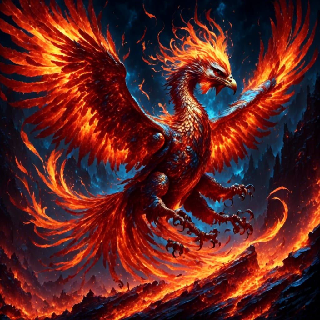 Majestic Phoenix Rising from Ashes in Fiery Glory