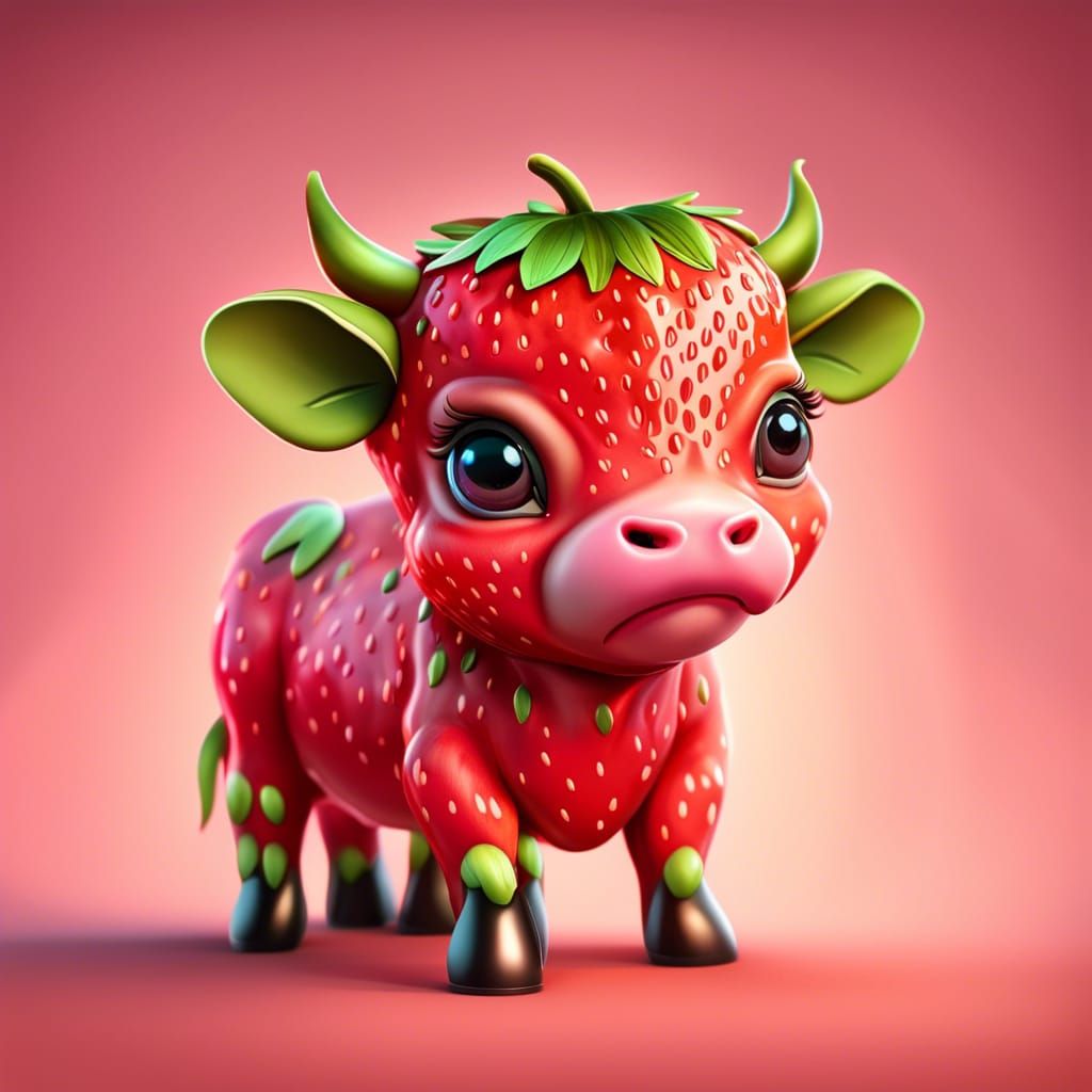 Adorable Strawberry Cow Calf: Hyperrealistic 3D Art