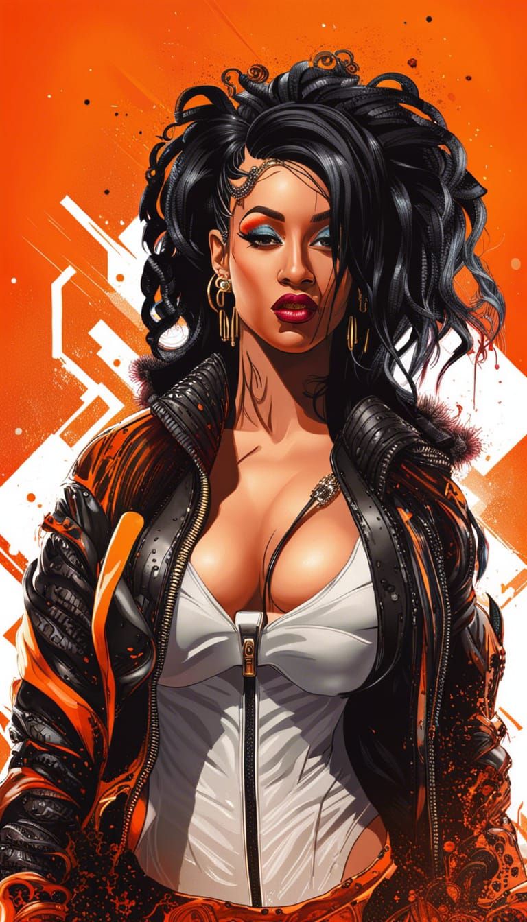 Cyberpunk Woman Digital Art with Orange Background