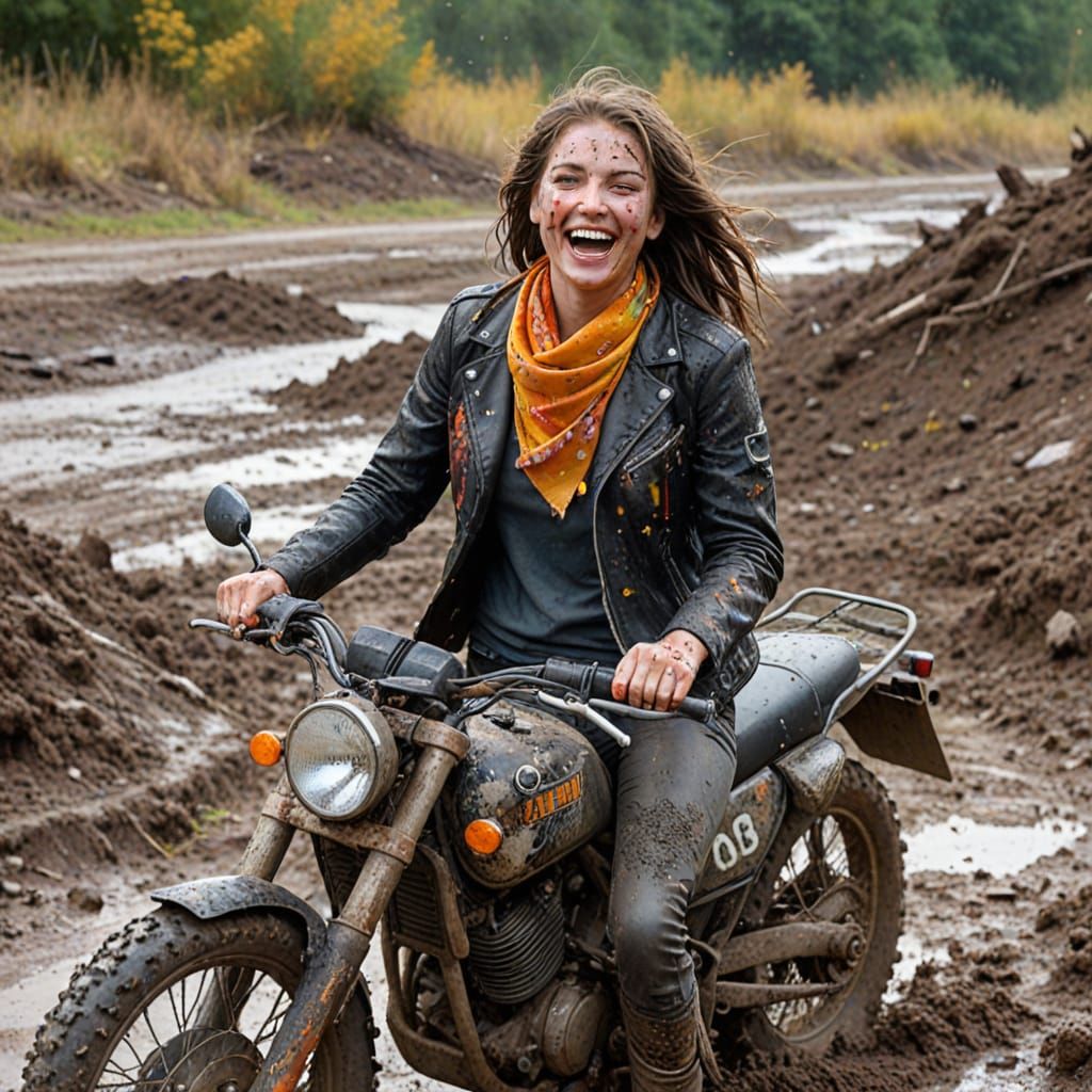 Joyful Woman in Vibrant Bandana and Mud-Splattered Jacket