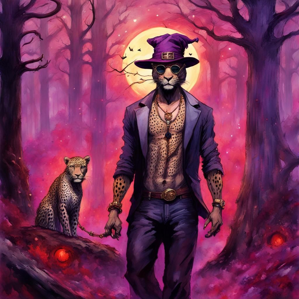 Leopard Hybrid in Eerie Bloodmoon Forest: Digital Art
