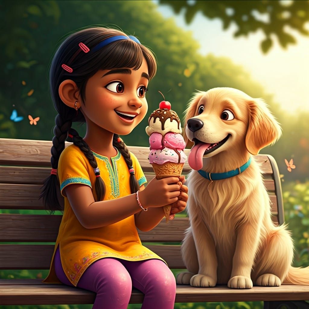 Girl Shares Ice Cream with Dog, Pixar-Style