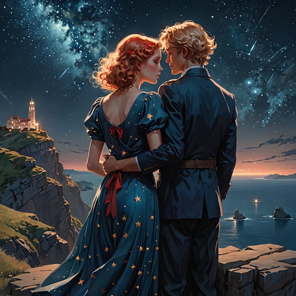 Starry Cliffside Embrace in Art Nouveau Style