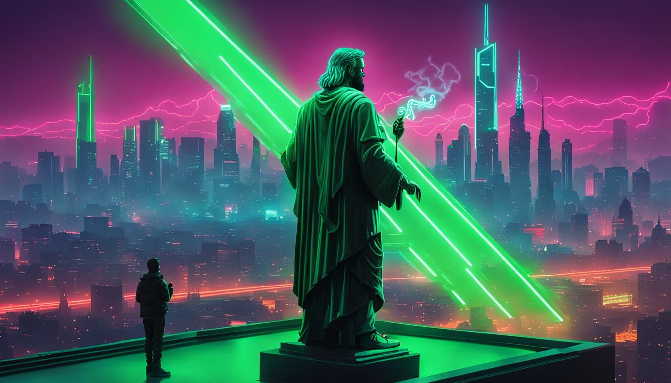 Futuristic Neon Holy Weed Sign with Jesus Statue