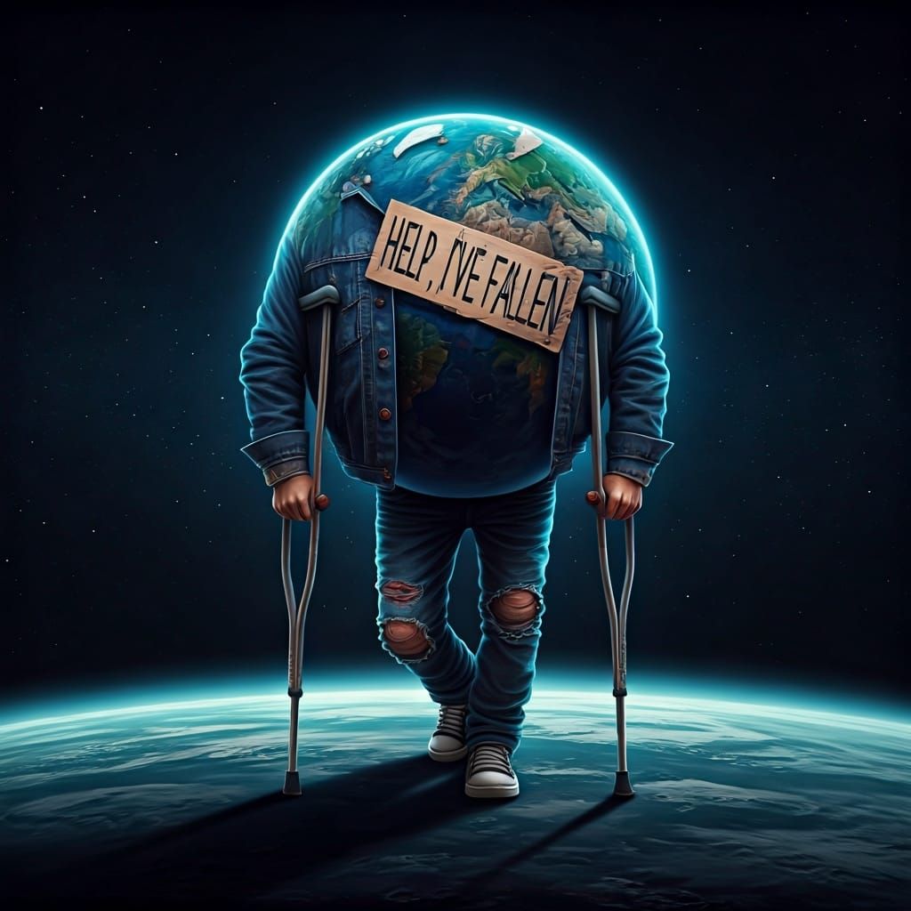 Distressed Earth Leans on Crutches in Space