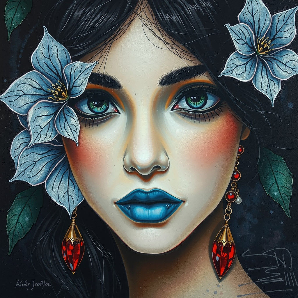 Red-Haired Woman Portrait with Floral Accents, Watercolor St...