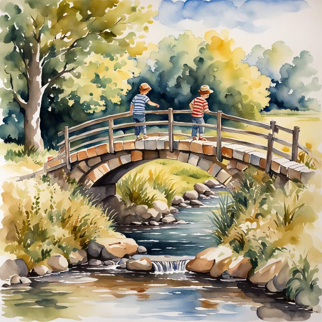 Boys on Bridge in Watercolor Painting