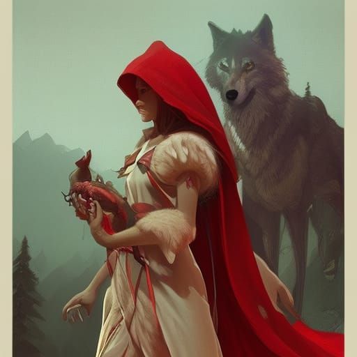 Red Riding Hood and Wolf, Alphonse Mucha Style