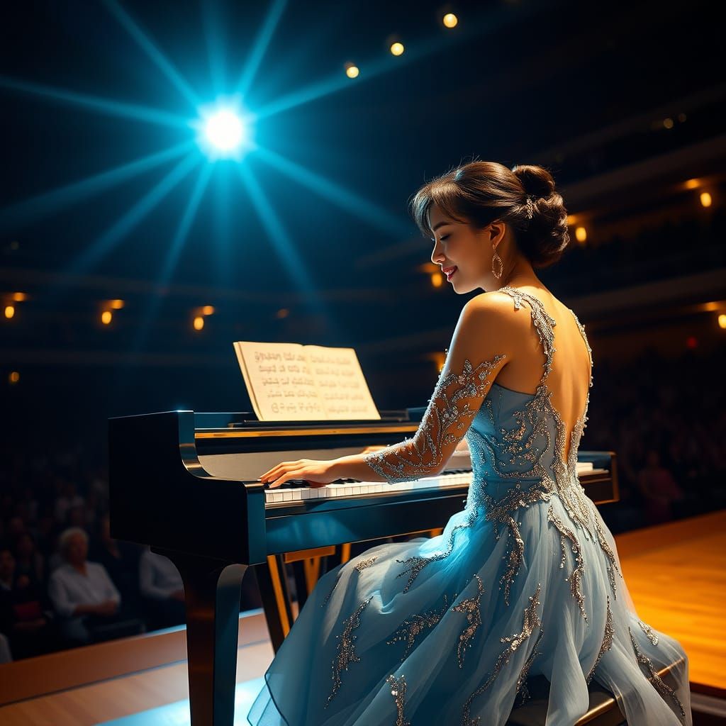Oriental Woman Plays Piano on Stage in Spotlight
