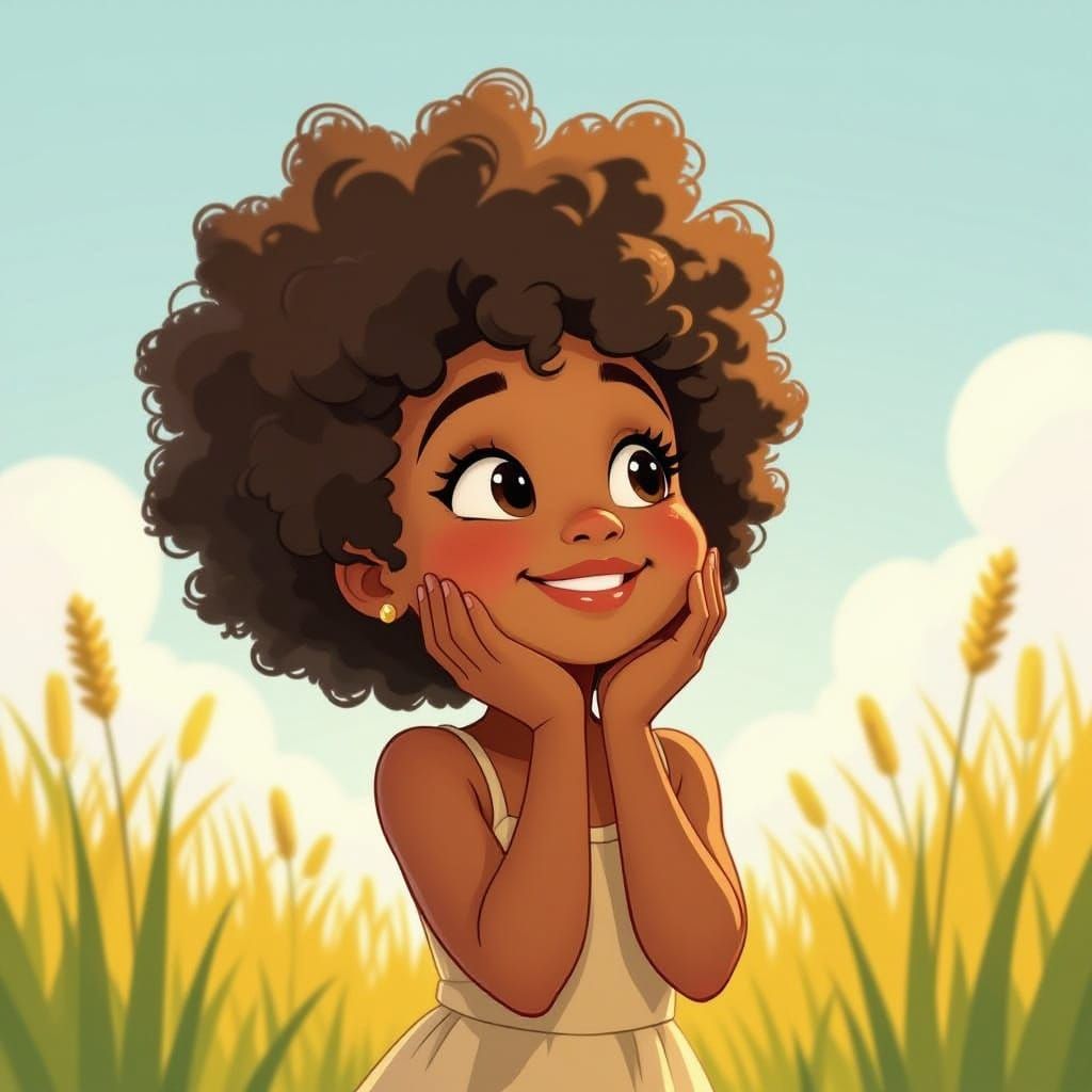Smiling Black Girl in Tall Grass: Pixar-Inspired Animation