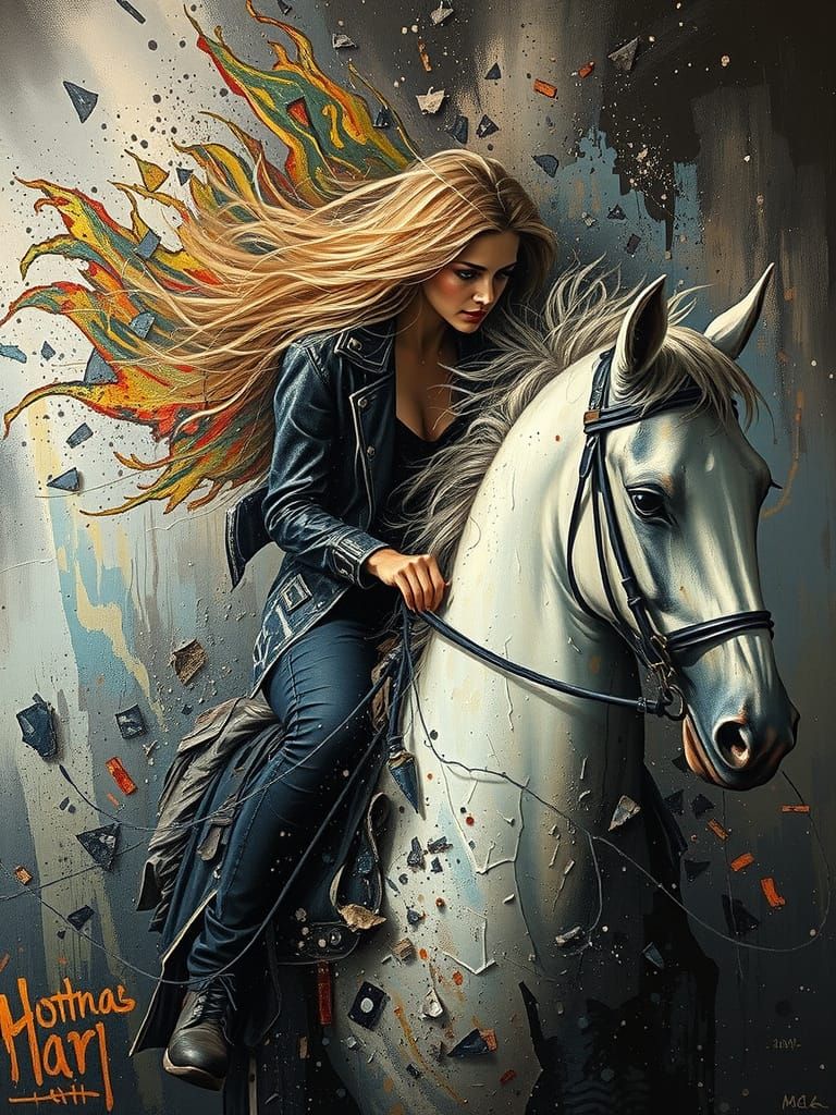 Abstract Impasto Woman Riding Horse in Oil Paint