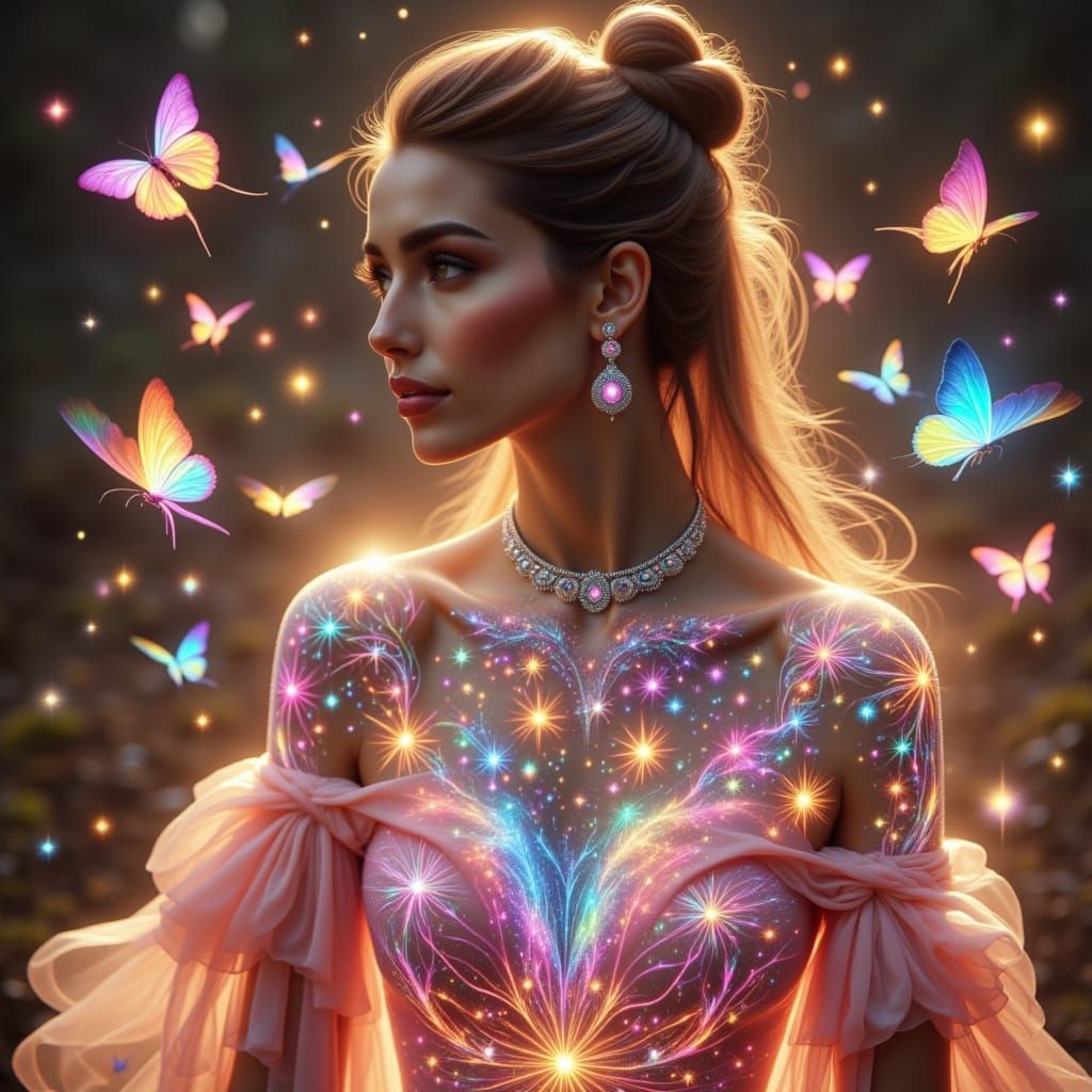 Serene Woman with Glowing Tattoos and Butterflies