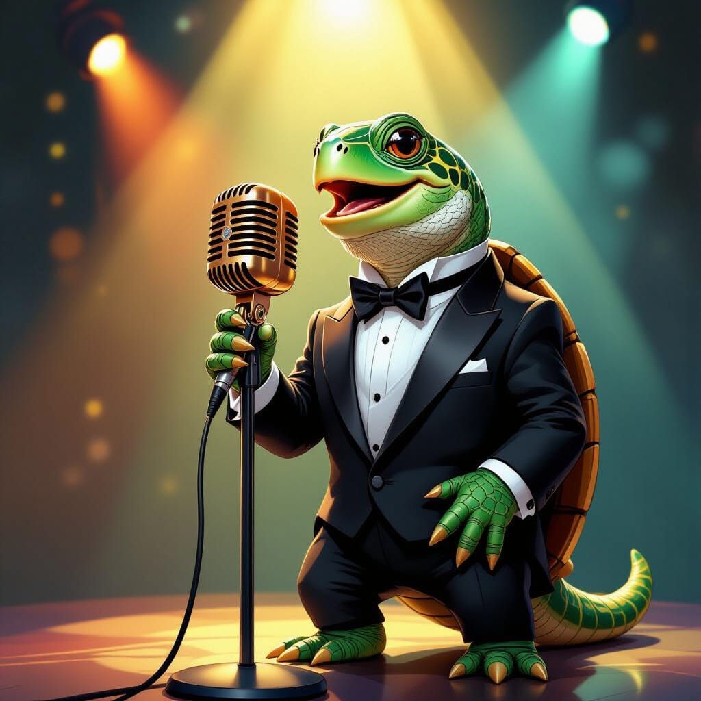Turtle Singer in Tuxedo on Stage: Digital Art