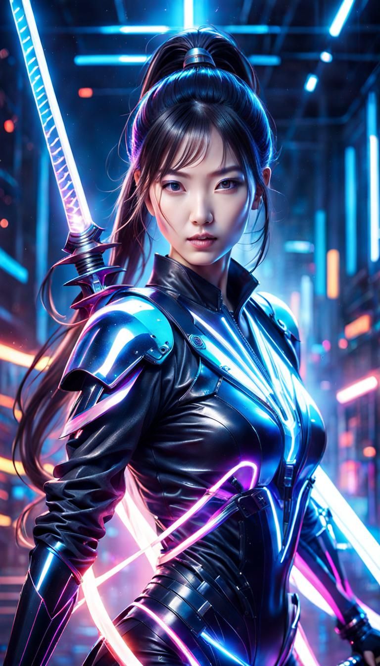 Gorgeous Android Warrior with Energy Sword in Cyberpunk Styl...