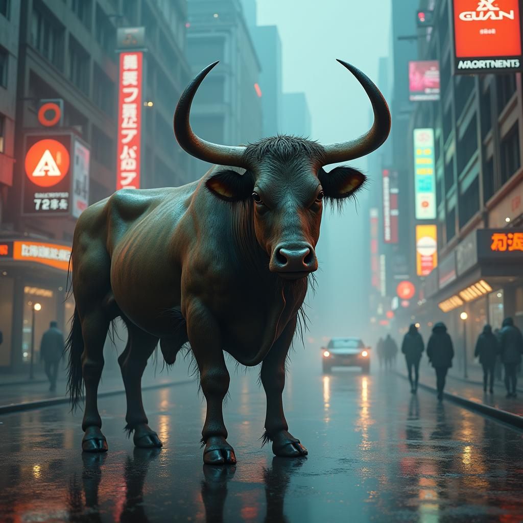Cyberpunk Bull in Cityscape Concept Art
