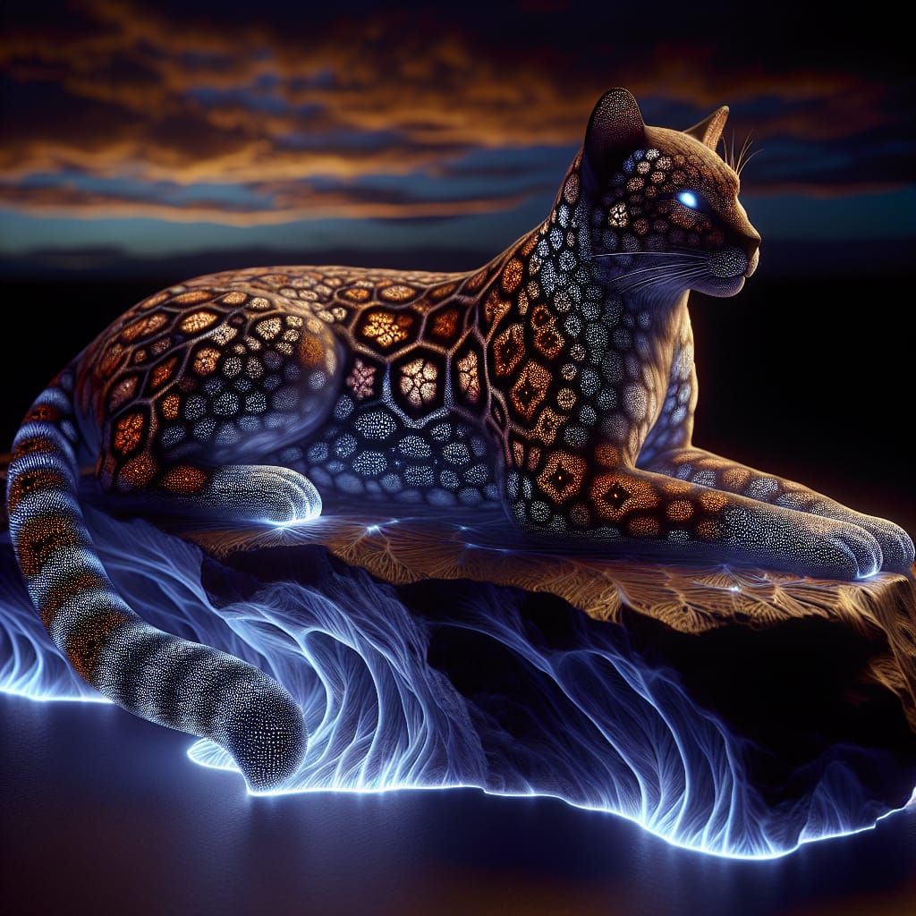 Majestic Feline with Bioluminescent Fur Pattern