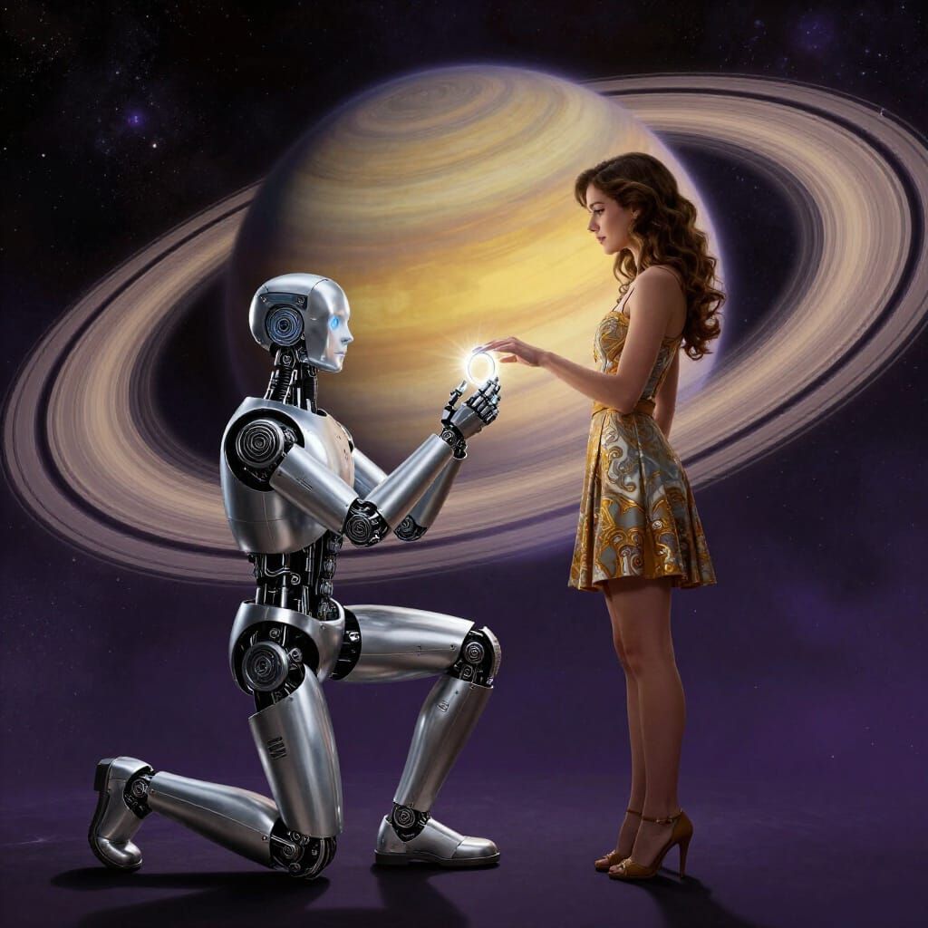 Robot Proposes With Plasma Ring Under Saturn Sky
