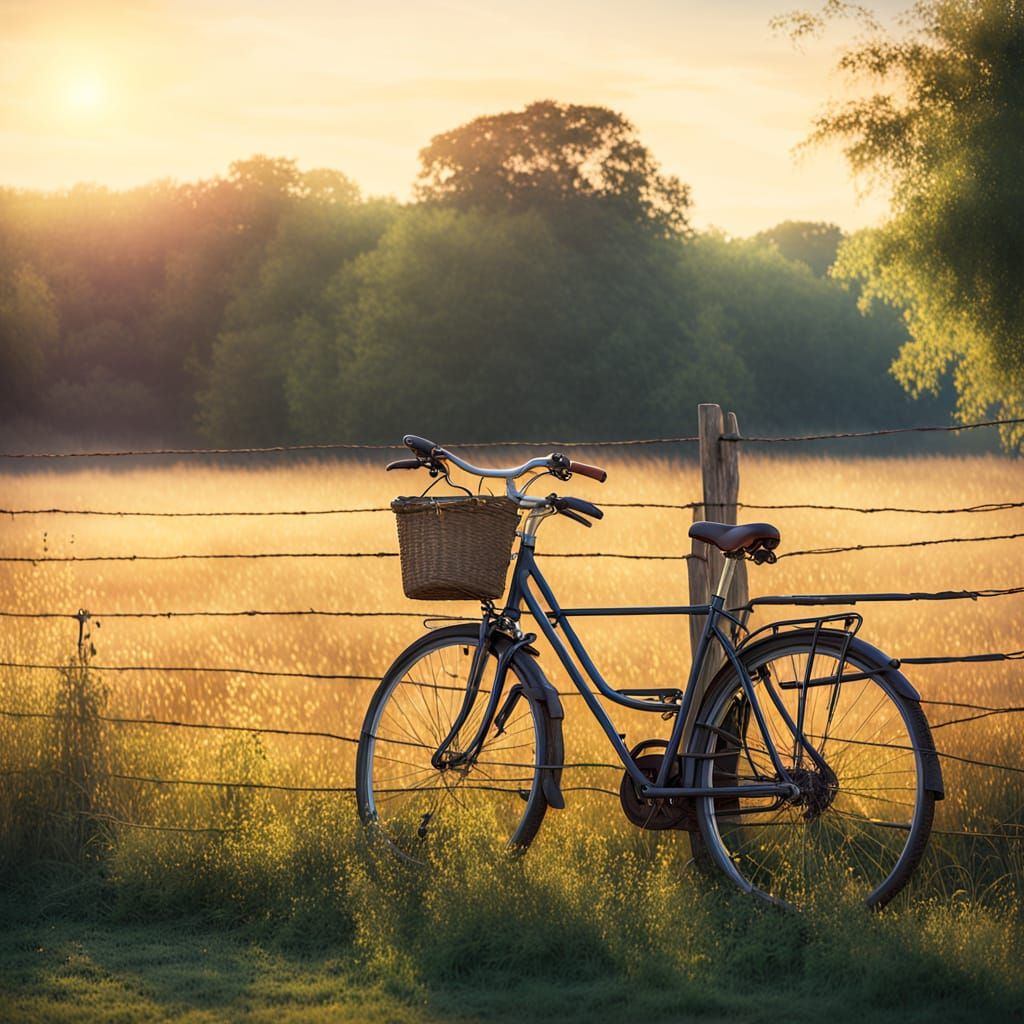 Watercolor Bicycle in Golden Hour Rural Landscape