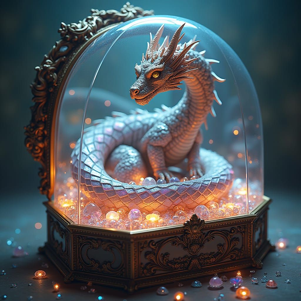 Dragon in Glass Jewelry Box, Fantastical Matte Painting