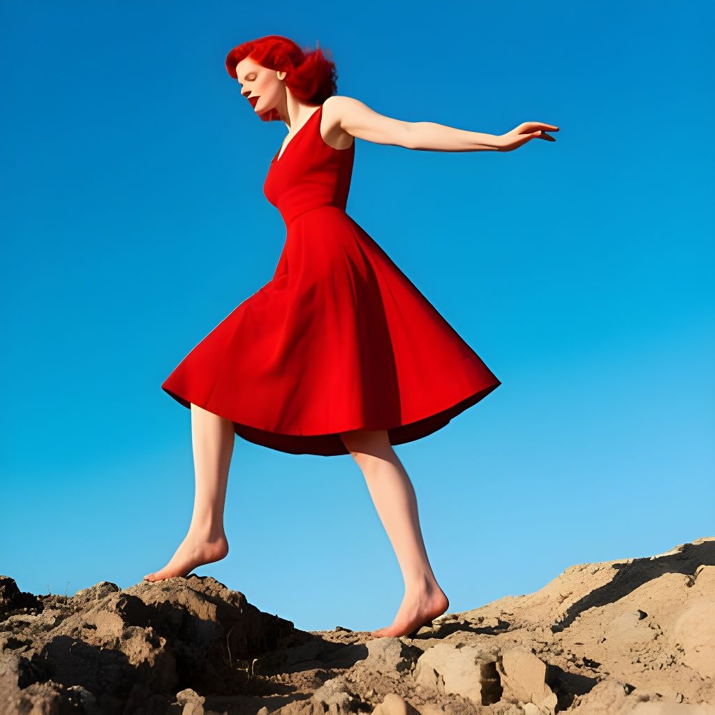 Editorial Photo of Woman in Red Dress on Rough Terrain